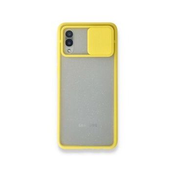 Samsung Galaxy A02 Palm Buzlu Kamera Sürgülü Silikon Sarı Kılıf