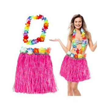 Samur Hawaii Luau Aloha Pembe Püsküllü 40 cm Etek ve Hawaii Kolye Seti