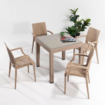 Sandalie Rattan Small Lüx Camlı Cappucino 1 Camlı Masa + 4 Sandalye Bahçe Takımı