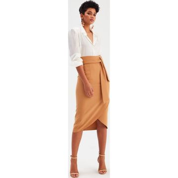 Sateen Kuşaklı Camel Kadın Kalem Etek