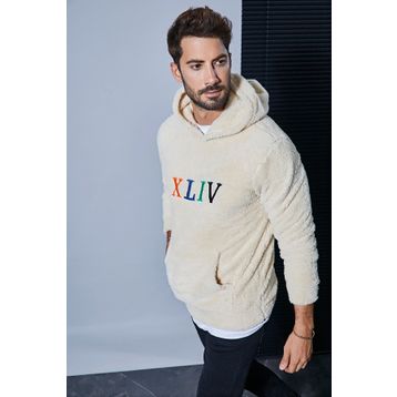 Sateen Men 20KSW760E102 Bej Kapşonlu Kanguru Cepli Kürklü Erkek Sweatshirt