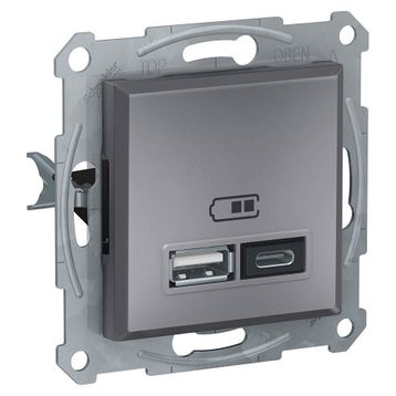 Schneider EPH2700362 2.4A Type A+C Çerçevesiz Asfora Plus Çelik USB Şarj Prizi
