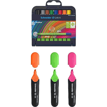 Schneider Link-It Bio-Plastik Fineliner 0.4 mm 8 Renk Yarım Boy + Job 8'li Fosforlu Kalem