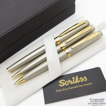 Scrikss 38 Saten Altın Roller + Tükenmez+Versatil Kalem Seti Scrikss Honour Yeni Ahşap-Deri