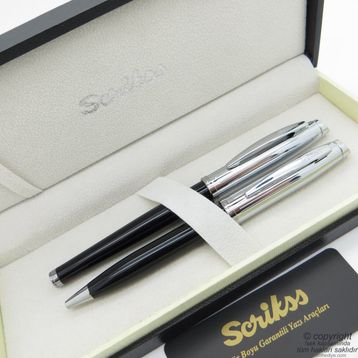 Scrikss 39 Oscar Siyah Krom Yeni Ahşap Deri Roller Tükenmez Versatil Kalem Seti