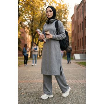 Sefamerve 0293-01 Gri Kadın Tunik Pantolon İkili Takım
