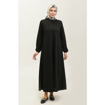 Sefamerve 0650-01 Siyah Kolu Lastikli Kadın Elbise