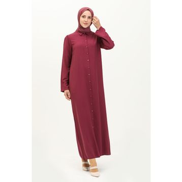 Sefamerve 5109-04 Mürdüm Kol Büzgülü Düğmeli Viskon Kadın Elbise