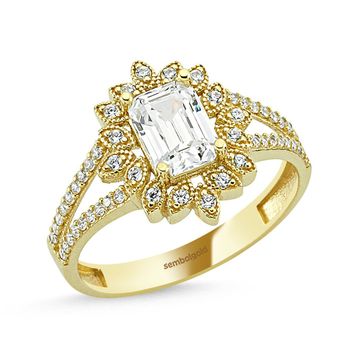 Sembol Gold Çiçek Tasarım 0,50 Karat Baget Yüzük Altın