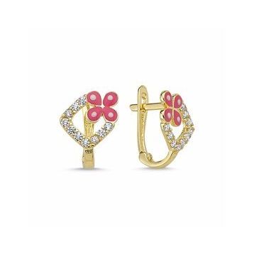 Sembol Gold Kelebek Tasarım Pembe Mineli Altın Çocuk Küpesi