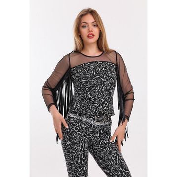 Sense Blz33925 Siyah Ekru Tül Püsküllü Jakarlı Bluz