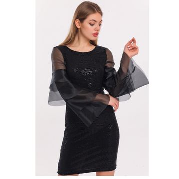 Sense ELB33267 Siyah Kolları Organze Buzy Payet Abiye Elbise