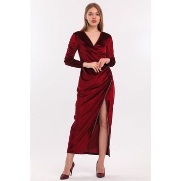 Sense ELB33852 Bordo Kruvaze Uzun Kol Kadife Uzun Abiye Elbise