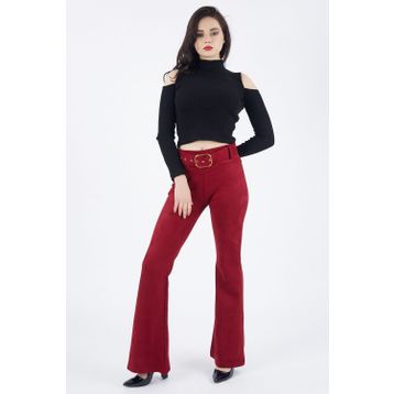 Sense Pnt32574 Bordo Beli Kumaş Kaplama Kemerli İspanyol Paça Süet Pantolon