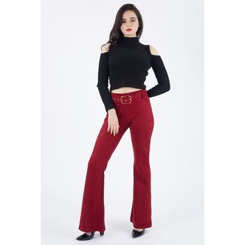Sense Pnt32574 Bordo Beli Kumaş Kaplama Kemerli İspanyol Paça Süet Pantolon