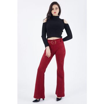 Sense Pnt32574 Bordo Beli Kumaş Kaplama Kemerli İspanyol Paça Süet Pantolon