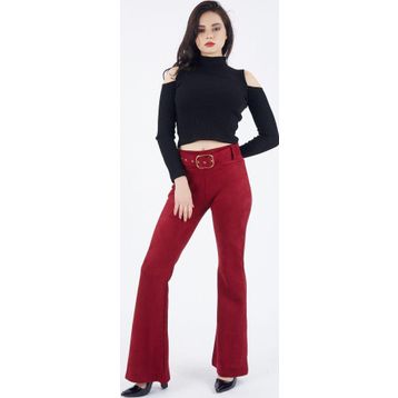 Sense Pnt32574 Bordo Beli Kumaş Kaplama Kemerli İspanyol Paça Süet Pantolon