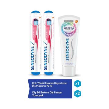 Sensodyne 75 ml Çok Yönlü Koruma Beyazlatıcı Diş Macunu + 2 Adet Diş Eti Bakımı Yumuşak Diş Fırçası