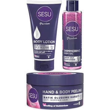 Sesu 175 ml Vücut Losyonu + 250 ml Vücut Peelingi + 150 ml Simli Cilt Bakım Yağı Karma 3'lü Set