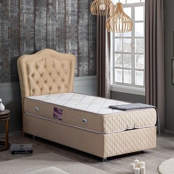 Setay Camelli Bej 90x200 cm Tek Kişilik Baza Başlık Delüx Yaylı Yatak Seti