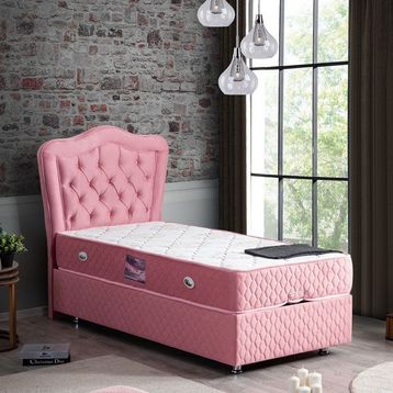 Setay Camelli Pembe 100x200 cm Tek Kişilik Baza Başlık Delüx Yaylı Yatak Seti