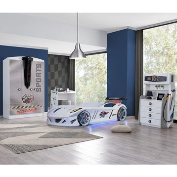 Setay Dolap Masa Beyaz Mobilya Sports Çocuk Odası Jaguar Arabalı Yatak