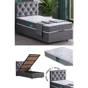 Setay Eylül 100x200 CM Açık Gri Tek Kişilik Baza Başlık Comfort Yatak Seti