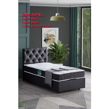 Setay Eylül 90x200 cm Antrasit Tek Kişilik Baza Başlık Comfort Yatak Seti