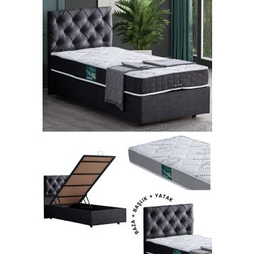 Setay Eylül 90x200 cm Antrasit Tek Kişilik Baza Başlık Comfort Yatak Seti