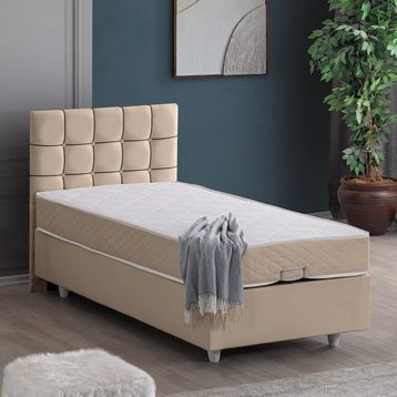 Setay Tavira 100x200 CM Bej Tek Kişilik Baza Başlık Letto Yatak Seti