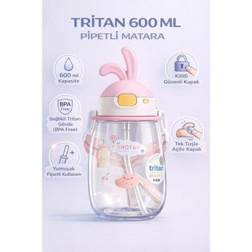 Shotay ST-7008 Pembe 600 ml Kulaklı Tritan Pipetli Askılı Matara
