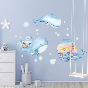 Sim Tasarım Deniz Temalı Mavi Balinalar Duvar Sticker Seti