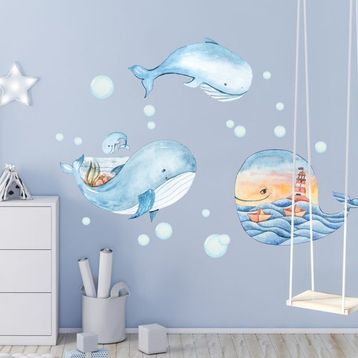 Sim Tasarım Deniz Temalı Mavi Balinalar Duvar Sticker Seti