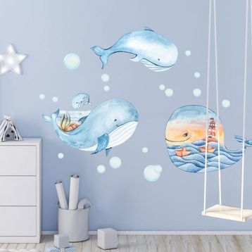 Sim Tasarım Deniz Temalı Mavi Balinalar Duvar Sticker Seti