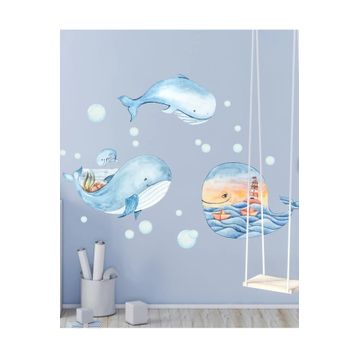 Sim Tasarım Deniz Temalı Mavi Balinalar Duvar Sticker Seti