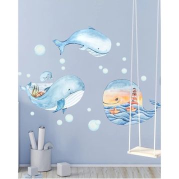 Sim Tasarım Deniz Temalı Mavi Balinalar Duvar Sticker Seti