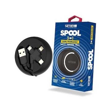 Simex Universal Micro / Type C / Lightning Spk-07 Spool 3in1 Makarali Siyah Data Kablosu