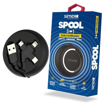 Simex Universal Micro / Type C / Lightning Spk-07 Spool 3in1 Makarali Siyah Data Kablosu