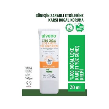 Siveno 100 Doğal Leke Karşıtı Aydınlatıcı Çinko Mineral Filtre UVA UVB SPF50+ 30 ML Yüz Güneş Kremi