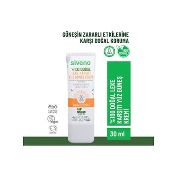 Siveno 100 Doğal Leke Karşıtı Aydınlatıcı Çinko Mineral Filtre UVA UVB SPF50+ 30 ML Yüz Güneş Kremi