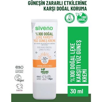 Siveno 100 Doğal Leke Karşıtı Aydınlatıcı Çinko Mineral Filtre UVA UVB SPF50+ 30 ML Yüz Güneş Kremi