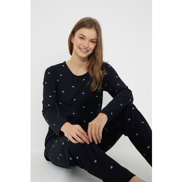 Siyah İnci 7613 Siyah Puan Desenli Kadın Pijama Takımı