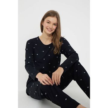 Siyah İnci 7613 Siyah Puan Desenli Kadın Pijama Takımı