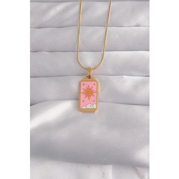 Skygo TJ-BKO9029 316L Çelik Gold Renk Pembe Mineli Güneş Model Tarot Kolye