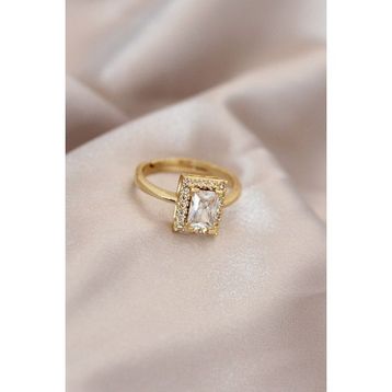 Skygo TJ-BYK2068 Gold Renk Metal Zirkon ve Kristal Taşlı Dikdörtgen Model Ayarlamalı Yüzük