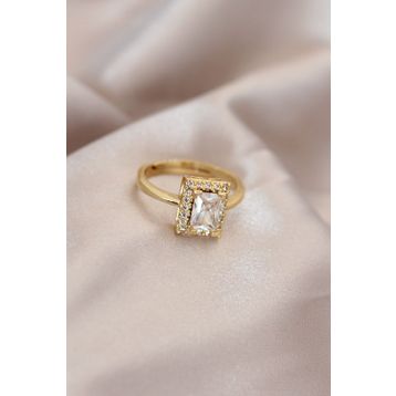 Skygo TJ-BYK2068 Gold Renk Metal Zirkon ve Kristal Taşlı Dikdörtgen Model Ayarlamalı Yüzük
