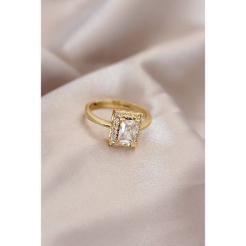 Skygo TJ-BYK2068 Gold Renk Metal Zirkon ve Kristal Taşlı Dikdörtgen Model Ayarlamalı Yüzük