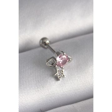 Skygo TJ-PR1237 316L Çelik Gümüş Renk Pembe Zirkon Taşlı Sallantı Yıldız Detay Tragus Piercing