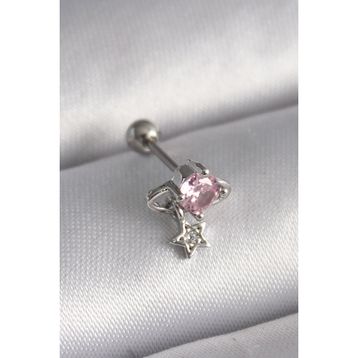 Skygo TJ-PR1237 316L Çelik Gümüş Renk Pembe Zirkon Taşlı Sallantı Yıldız Detay Tragus Piercing