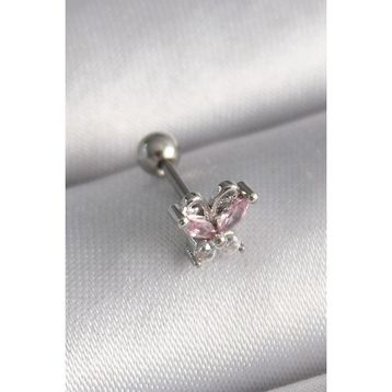 Skygo TJ-PR1241 316L Çelik Gümüş Renk Pembe Zirkon Taşlı Kelebek Tragus Piercing